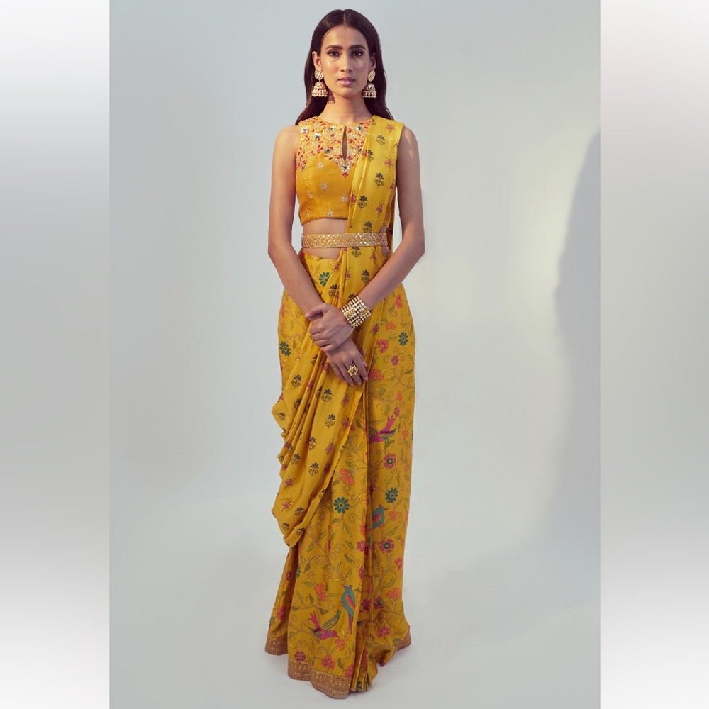 DRISHTI & ZAHABIA Yellow Dupion Silk Floral Pre-draped Saree With Blouse